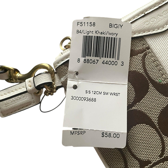 COACH Khaki/Ivory Signature C Canvas Leather Trim Gold Zip Wristlet Hang Tag NWT - Picture 4 of 8